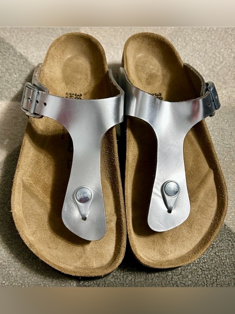 Birkenstock Papillio Gizeh Platform Metallic Silver Leather Thong Sandals 38 - Picture 3 of 3